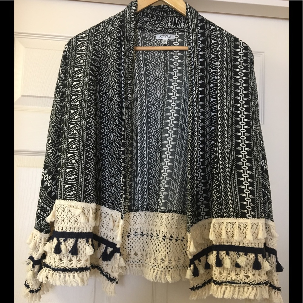 Style  Bohemian Black Navy and White Tassel Cardigan